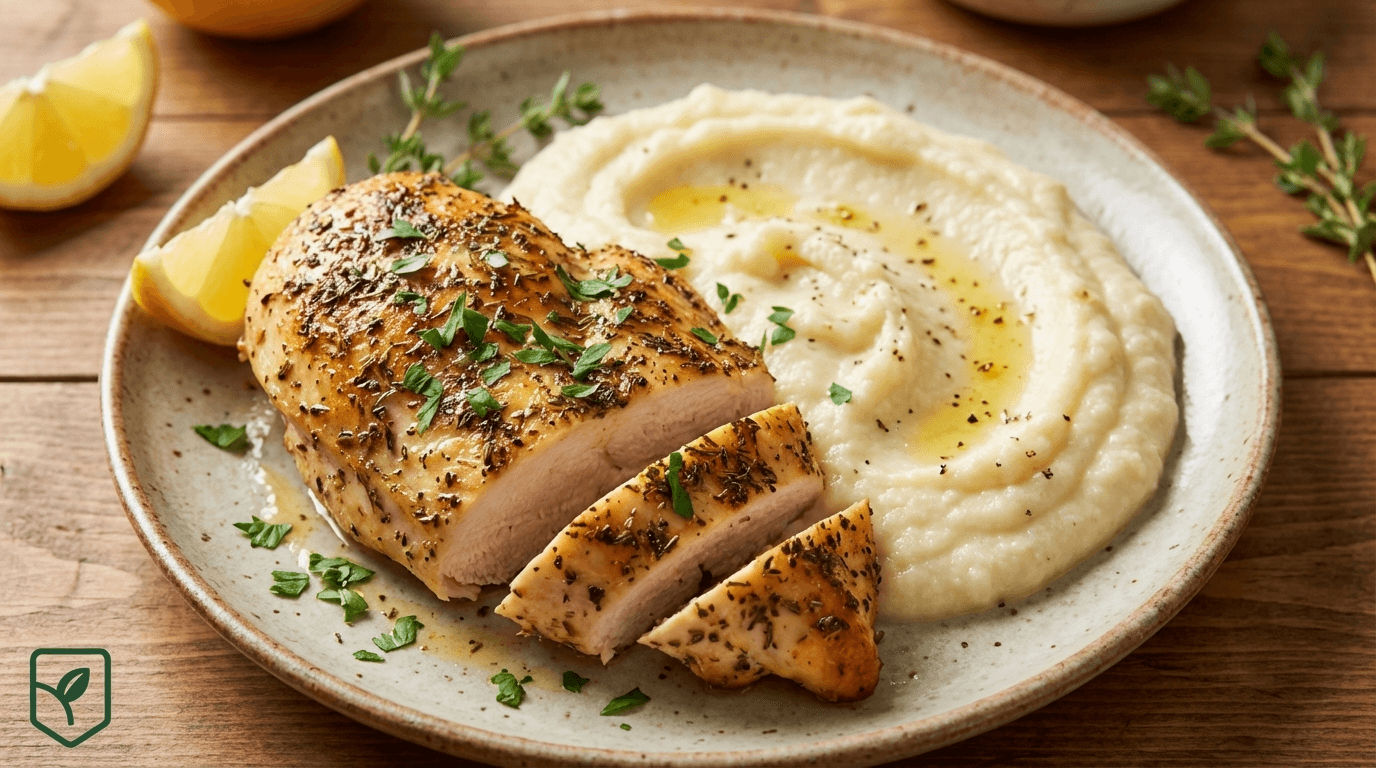 Peito de Frango ao Forno com Ervas e Purê de Couve-Flor