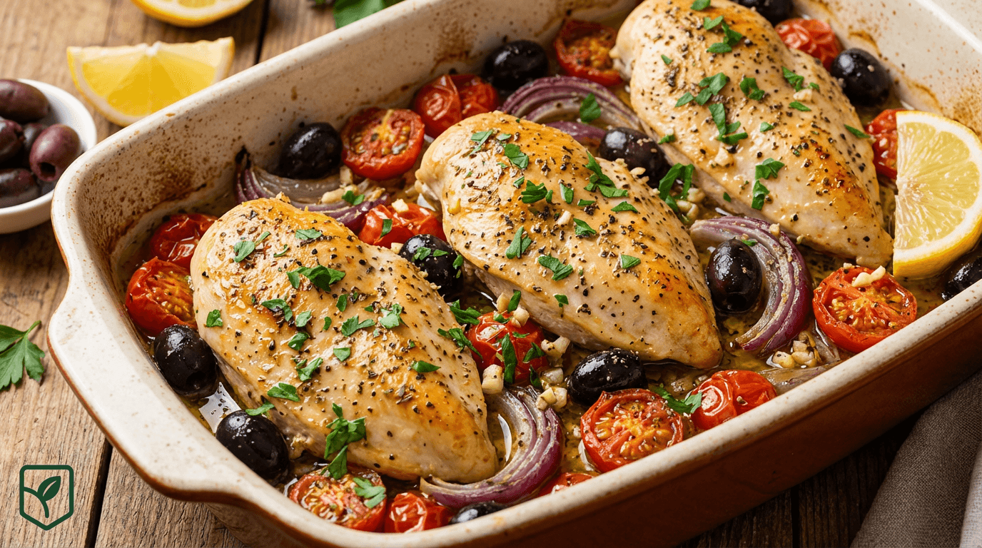 Frango Mediterrâneo Assado com Tomate e Azeitonas