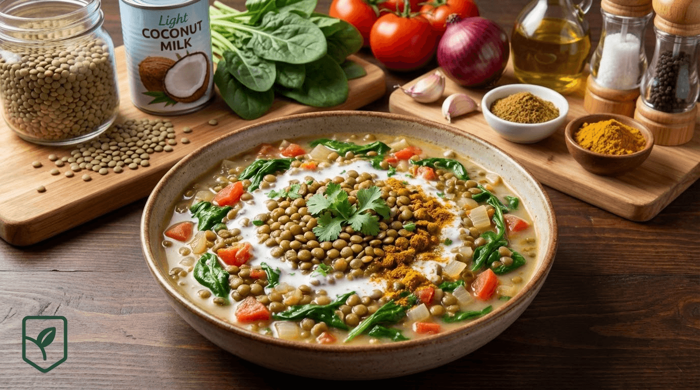 Estufado Vegano de Lentilhas com Leite de Coco e Espinafre