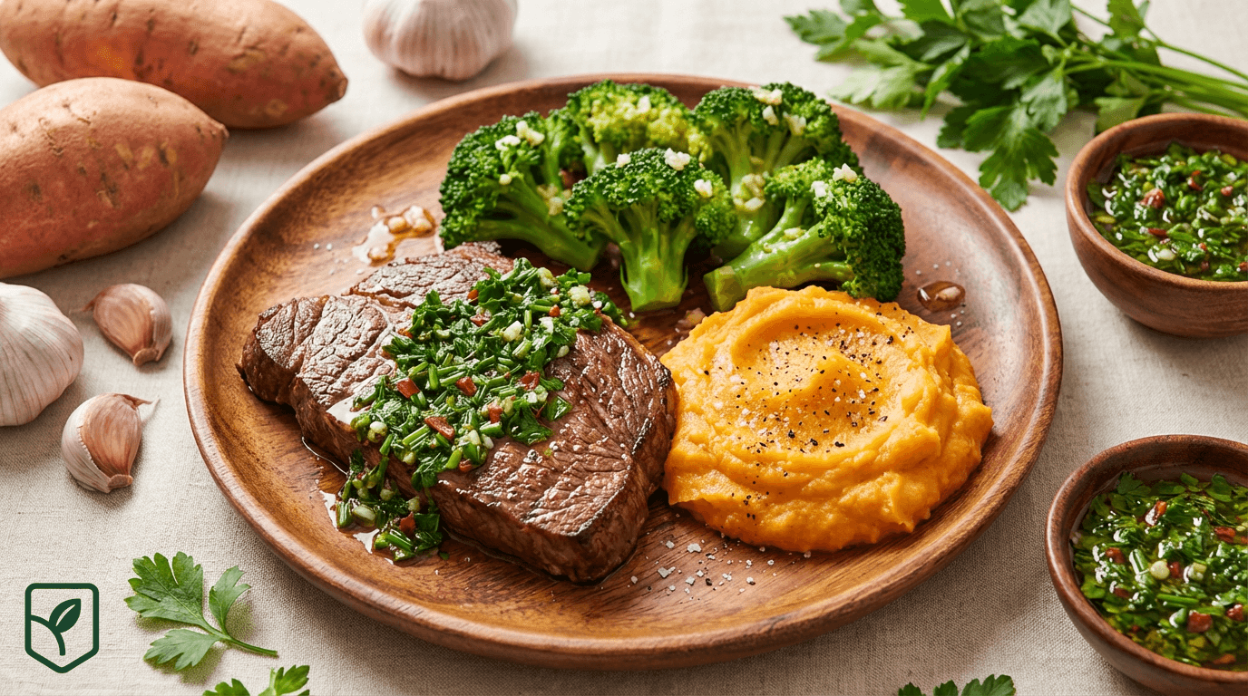 Bife Magro ao Chimichurri com Purê de Batata-Doce
