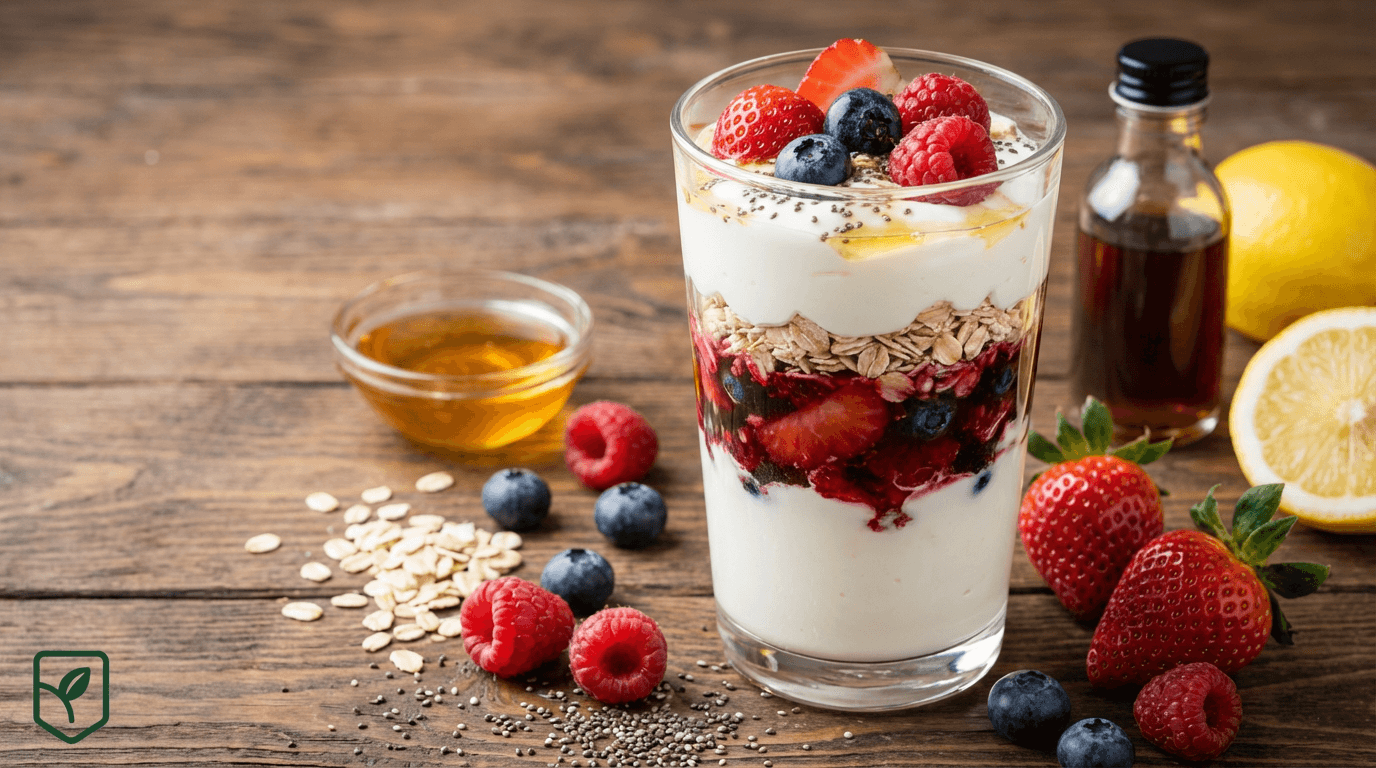 Parfait de Iogurte Grego com Compota de Frutas e Aveia