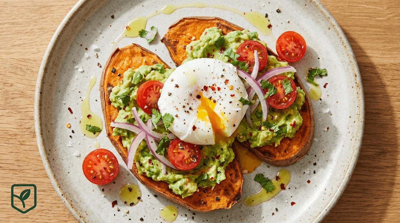 Tostas de Batata-Doce com Guacamole e Ovo Pochê