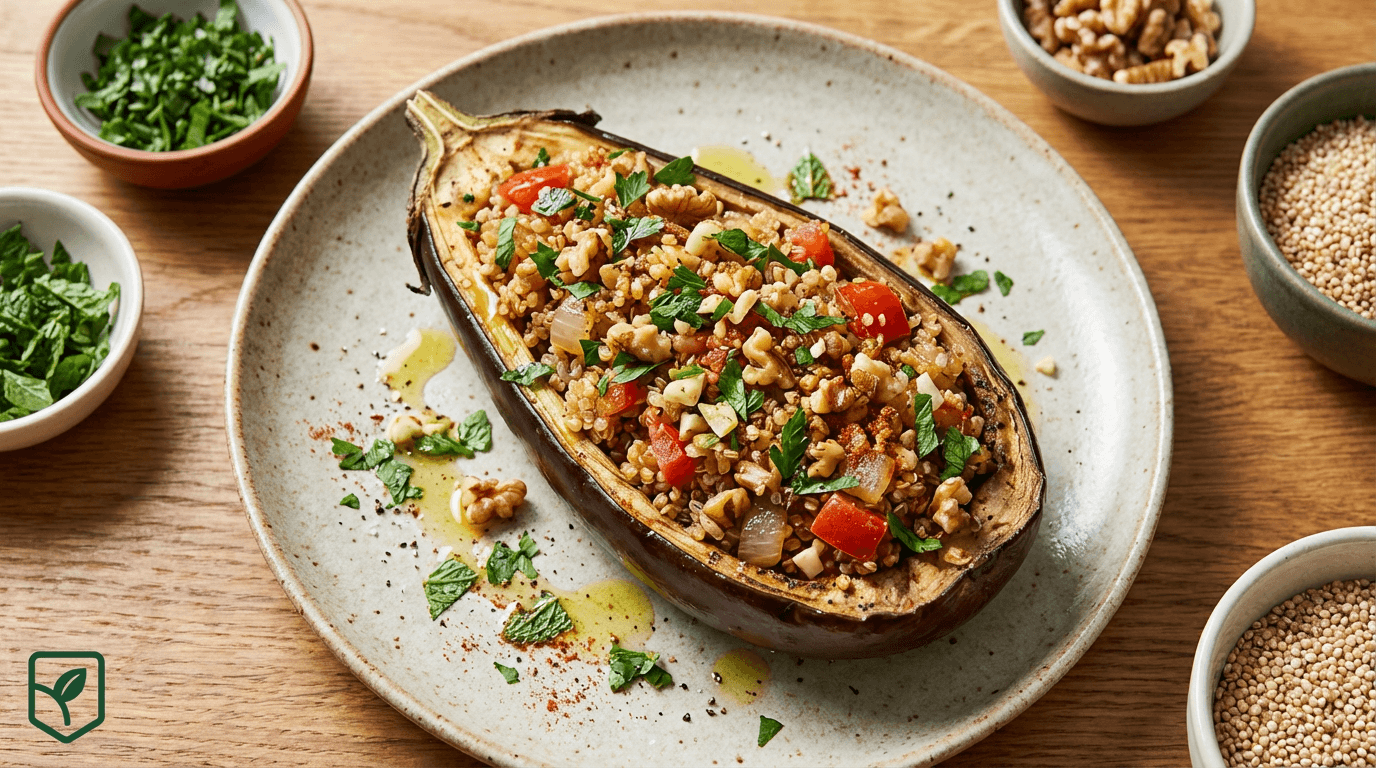 Berinjela Recheada com Quinoa, Nozes e Ervas