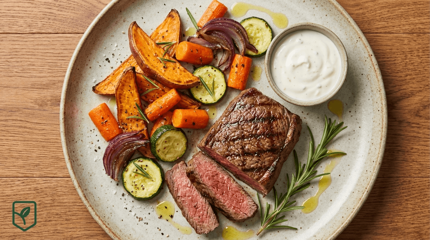 Bife de Alcatra com Legumes Assados e Molho de Iogurte