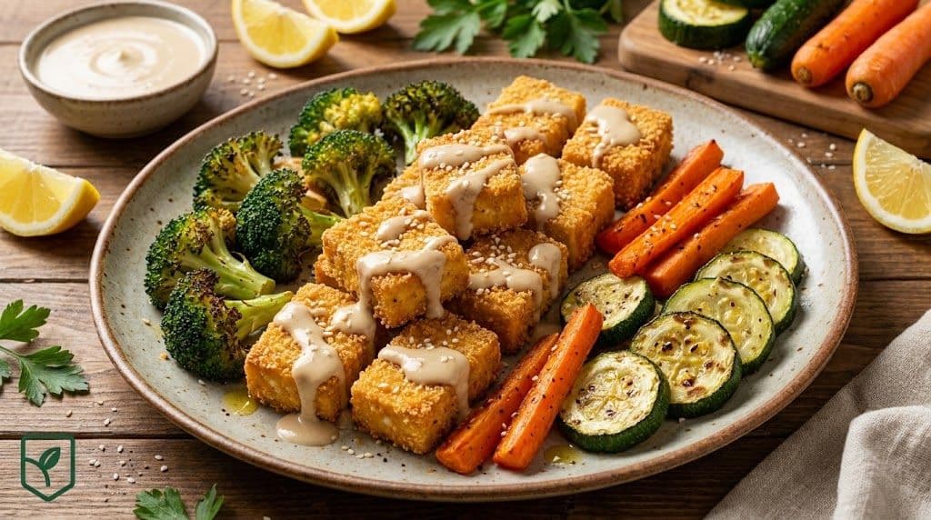 Tofu Crocante ao Forno com Legumes Assados e Molho de Tahine
