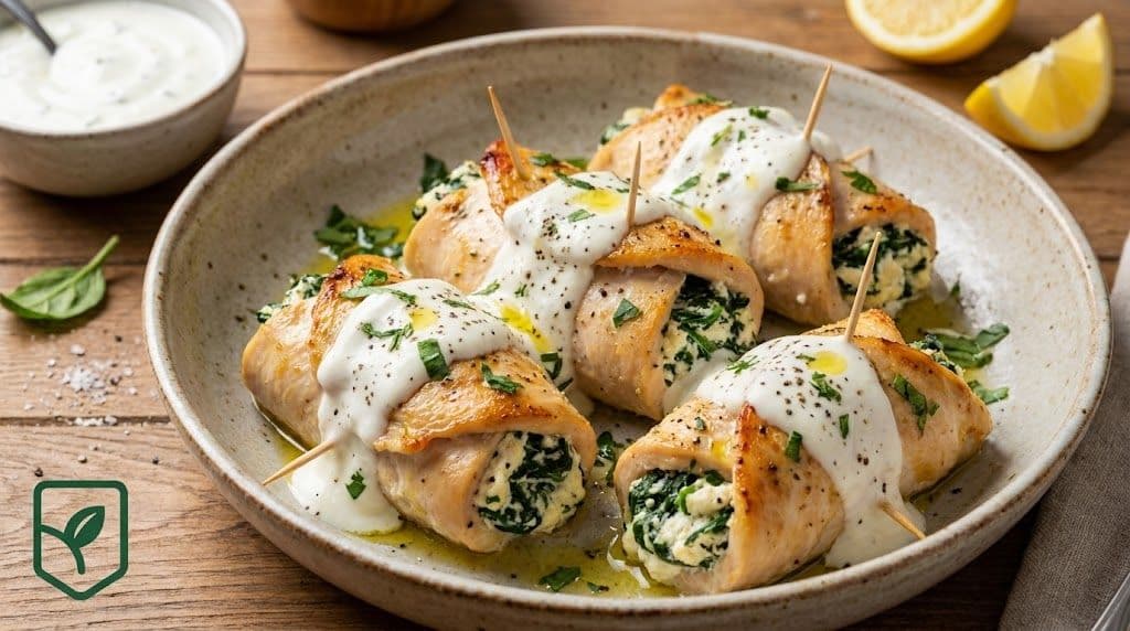 Rolê de Frango com Ricota e Espinafre ao Molho de Iogurte