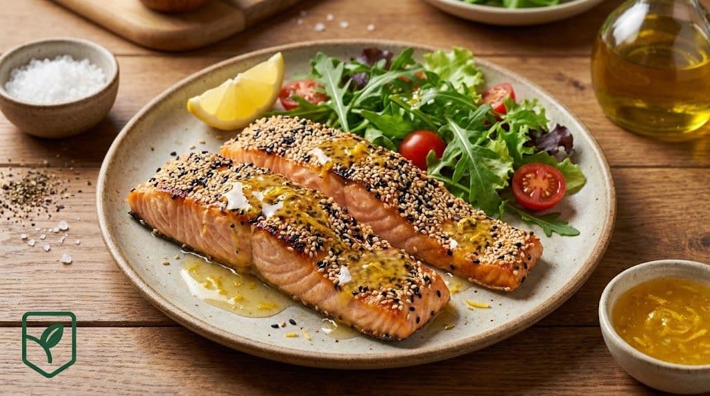 Salmão ao Forno com Crosta de Gergelim e Molho de Limão