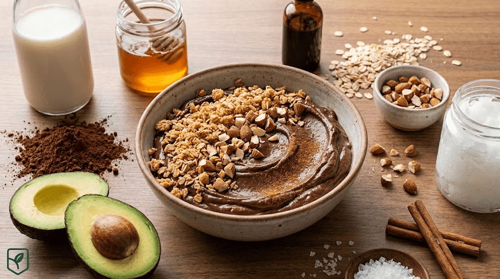 Creme Gelado de Cacau e Abacate com Crumble de Aveia