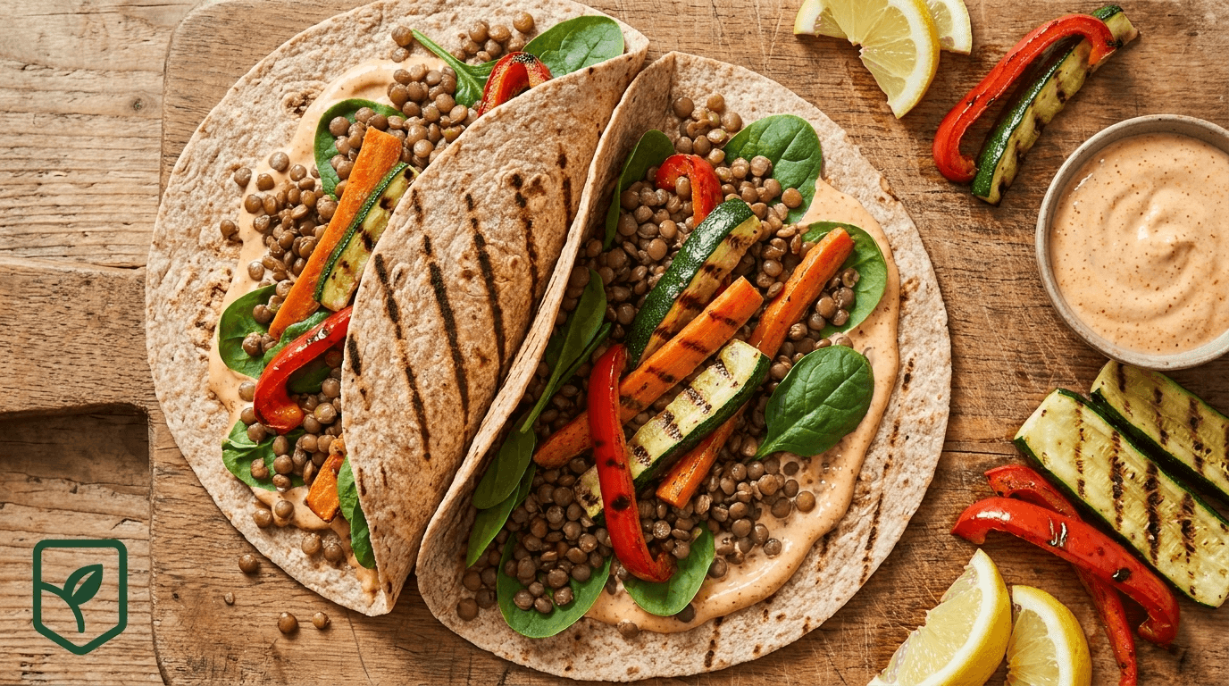 Wrap de Lentilha e Vegetais Grelhados com Molho de Páprica Defumada