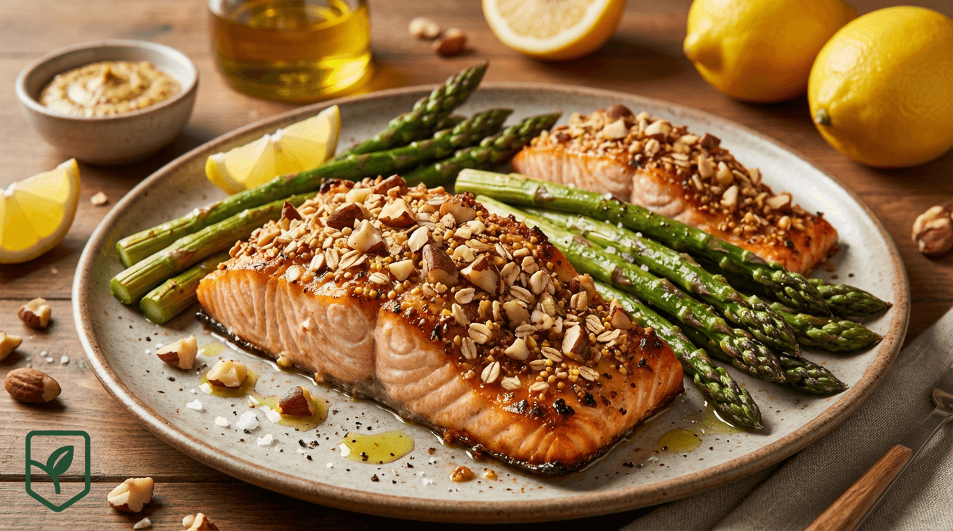 Salmao ao Forno com Crosta de Castanha e Aspargos