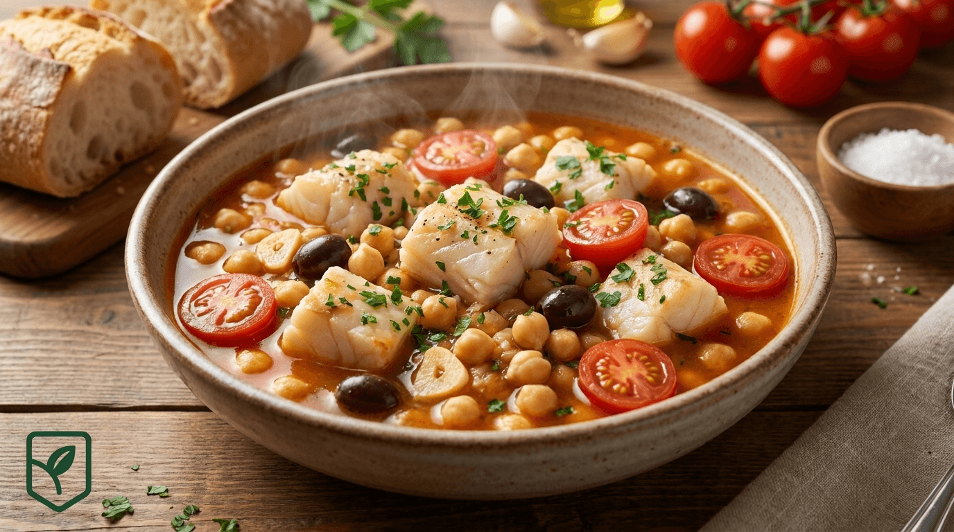 Ensopado de Bacalhau Fresco com Grão-de-Bico e Tomates Cereja