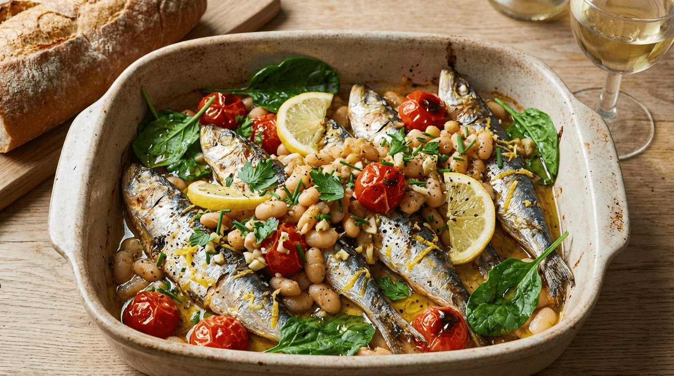Sardinha Assada com Molho de Limão, Ervas e Feijão Branco