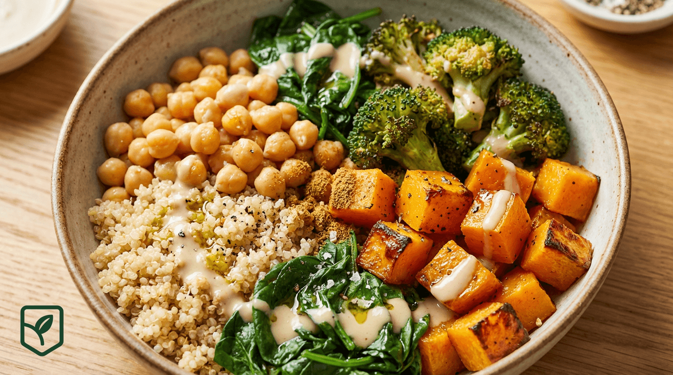 Bowl Vegano de Quinoa, Grao-de-Bico e Legumes Assados