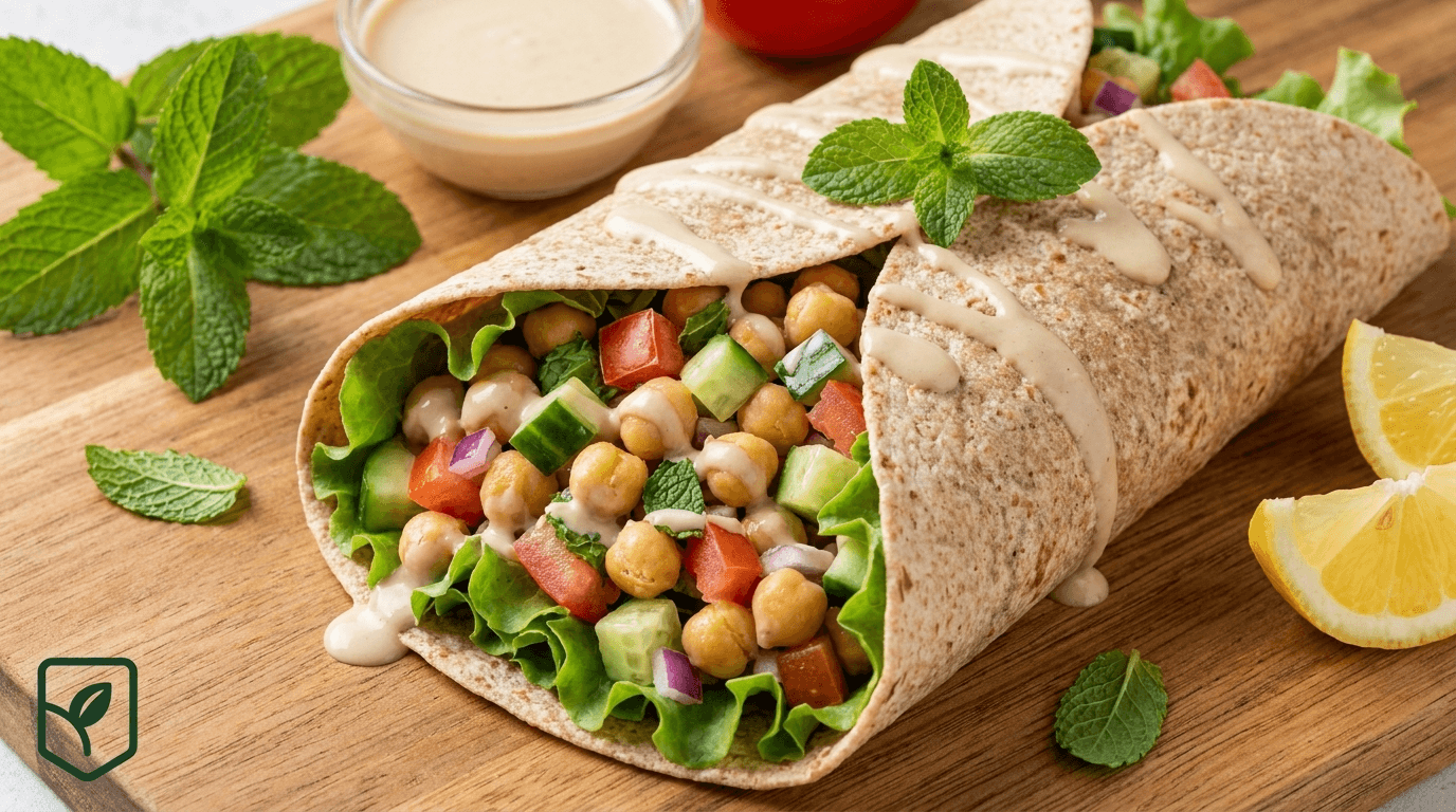 Wrap de Grão-de-Bico com Hortelã e Molho Tahine Leve