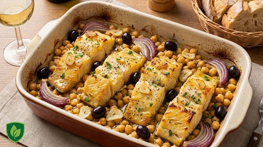 Posta de Bacalhau ao Forno com Azeite, Alho e Grão de Bico