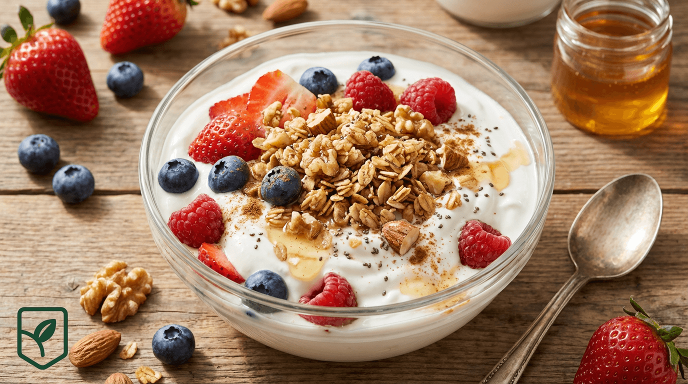 Taça de Iogurte Grego com Frutas Vermelhas e Granola Caseira