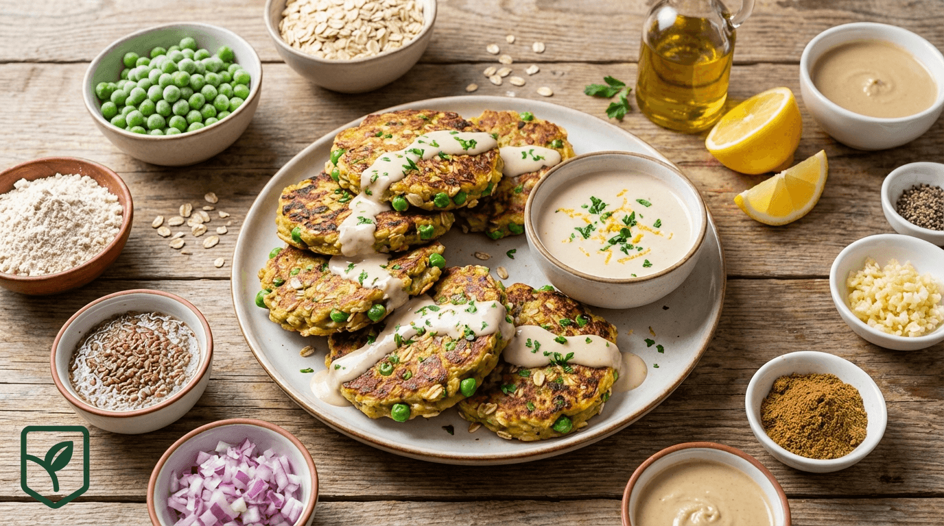 Bolinhos Veganos de Ervilha e Aveia com Molho de Tahine