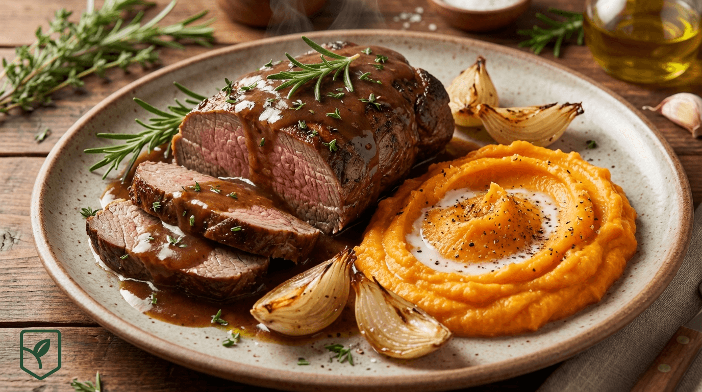 Carne Assada Suculenta com Purê de Batata-Doce e Ervas
