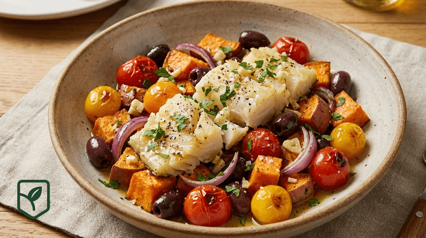 Bacalhau Leve com Batata-Doce, Azeitonas e Tomate-Cereja